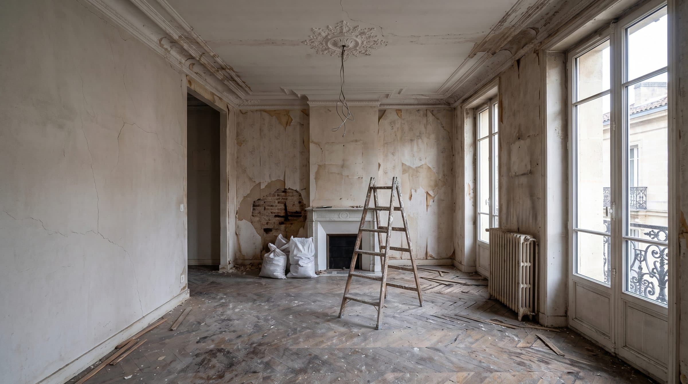 Séjour d'un appartement ancien avant travaux : parquet abîmé, papier peint arraché, cheminée et moulures d'origine