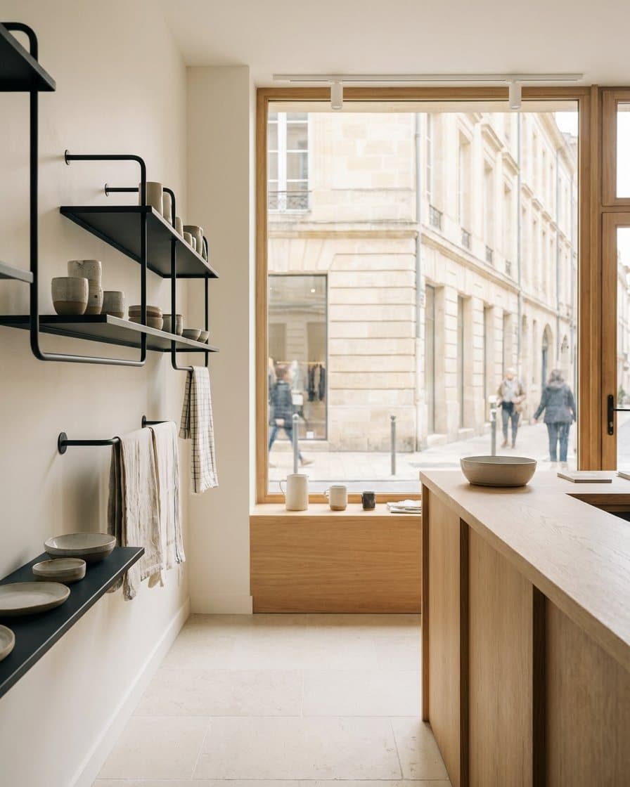 Boutique rénovée dans une rue en pierre blonde : comptoir en chêne clair et grande vitrine