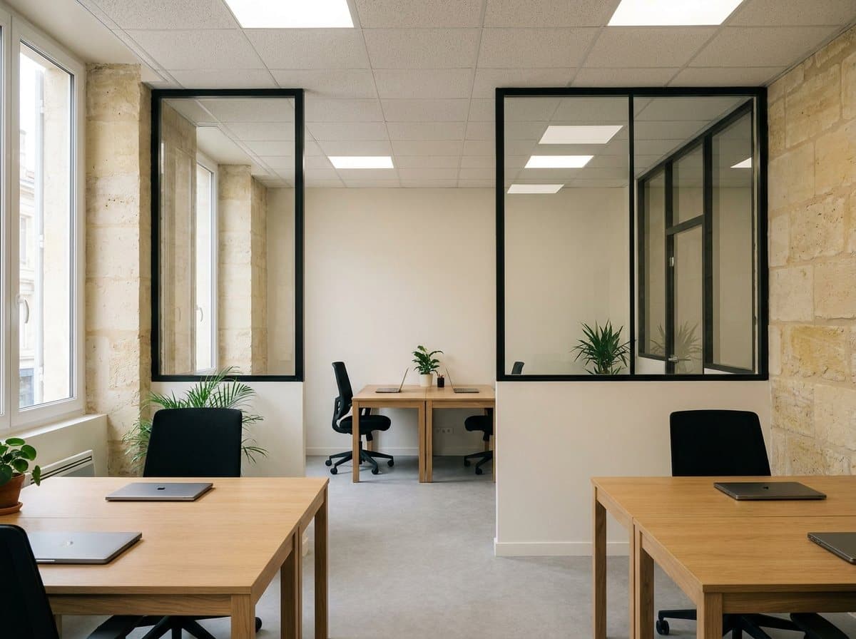Bureaux rénovés : verrières à cadre noir, faux plafond et sol souple