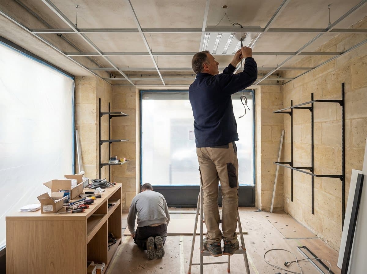 Local commercial en travaux : faux plafond ouvert, vitrine protégée et pose de l'éclairage