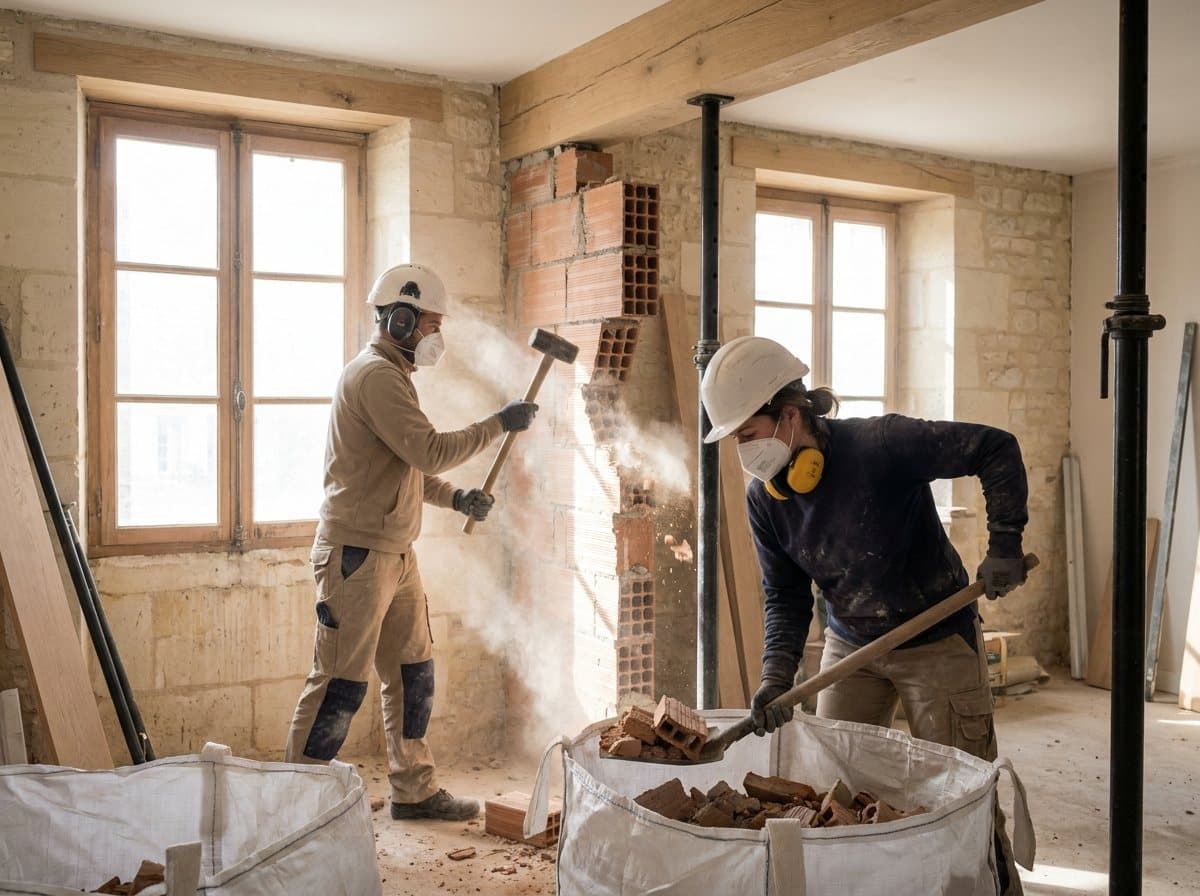 Démolition d'une cloison en briques plâtrières par deux ouvriers équipés de casques, lunettes et masques