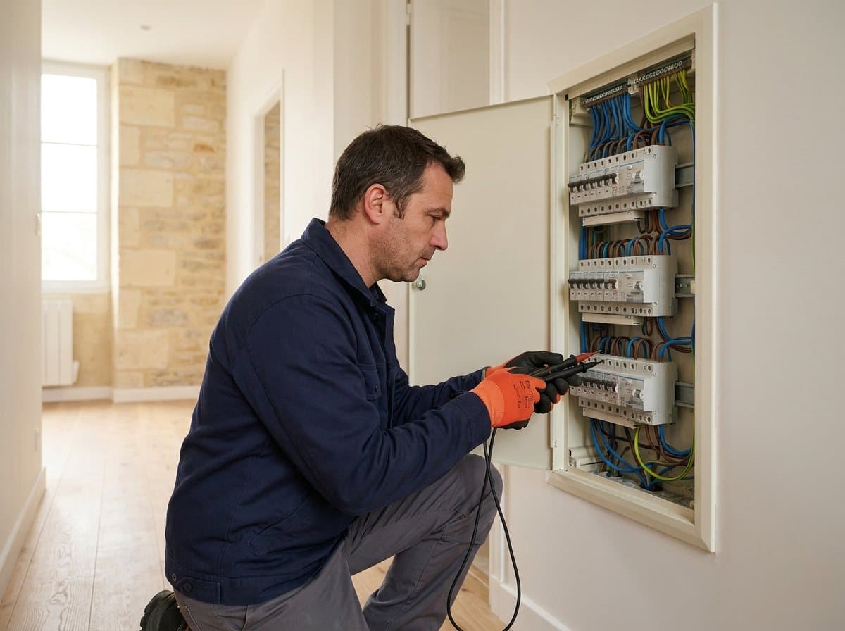 Vérification d'absence de tension sur un tableau électrique à disjoncteurs modulaires