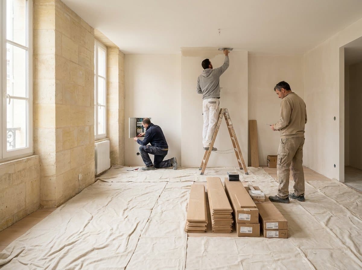 Pièce aux murs en pierre blonde en pleine rénovation : un électricien au tableau, un plafond enduit depuis l'escabeau, des lames de parquet prêtes à poser