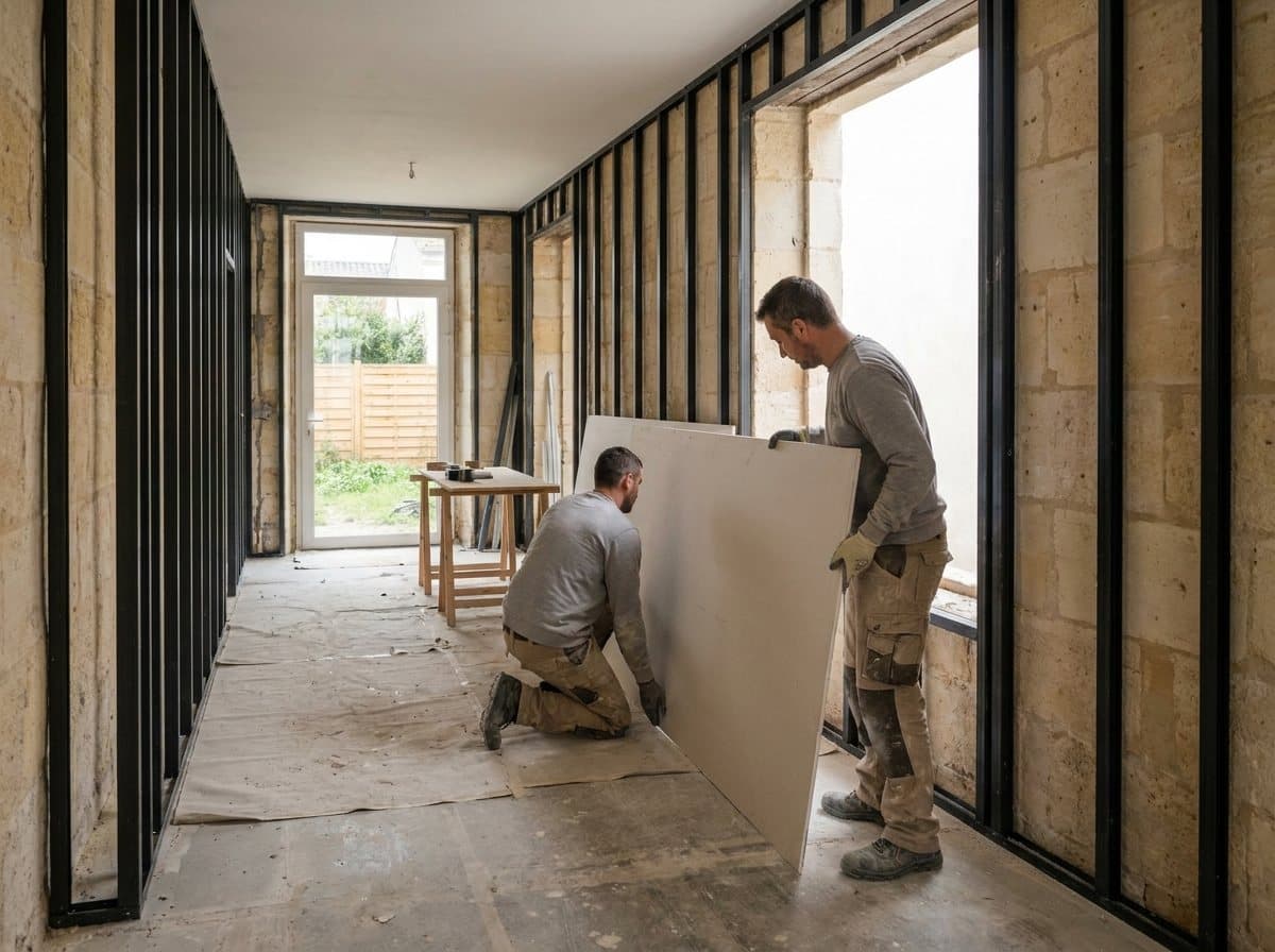 Maison en pierre en rénovation complète : murs en pierre blonde mis à nu et pose de plaques de plâtre sur ossature métallique