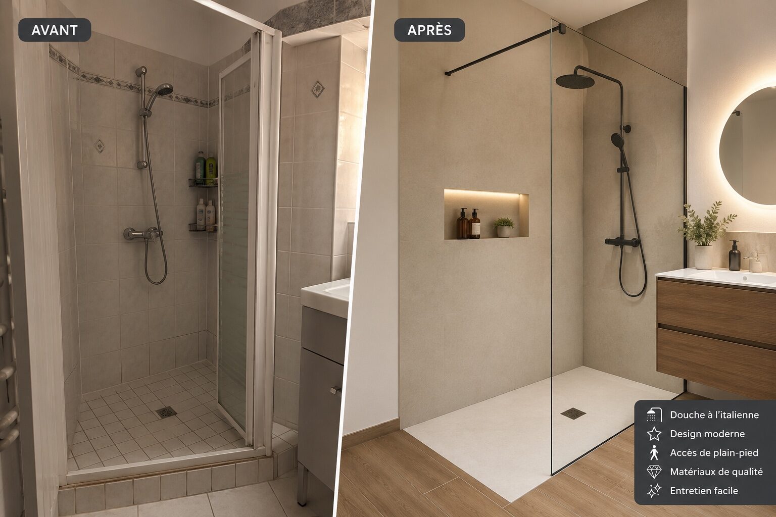 Création d'une douche à l'italienne à Bordeaux : avant, une cabine de douche d'angle vétuste avec parois coulissantes ; après, une douche à l'italienne de plain-pied avec receveur extra-plat, paroi vitrée fixe, niche éclairée, robinetterie noire et meuble vasque bois — chantier NS BAT 33