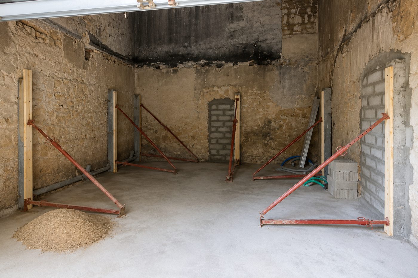 Étaiement par tirants inclinés de murs en pierre et chape béton coulée à Bordeaux — chantier NS BAT 33