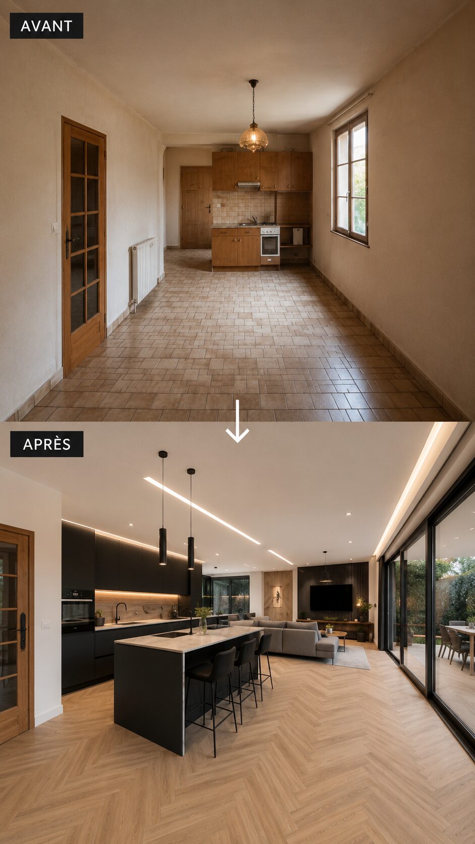Rénovation complète d'une maison à Bordeaux : avant, une cuisine fermée avec carrelage brun ; après, une cuisine ouverte noire avec îlot central, séjour, parquet chevron clair et baie vitrée sur le jardin — chantier NS BAT 33