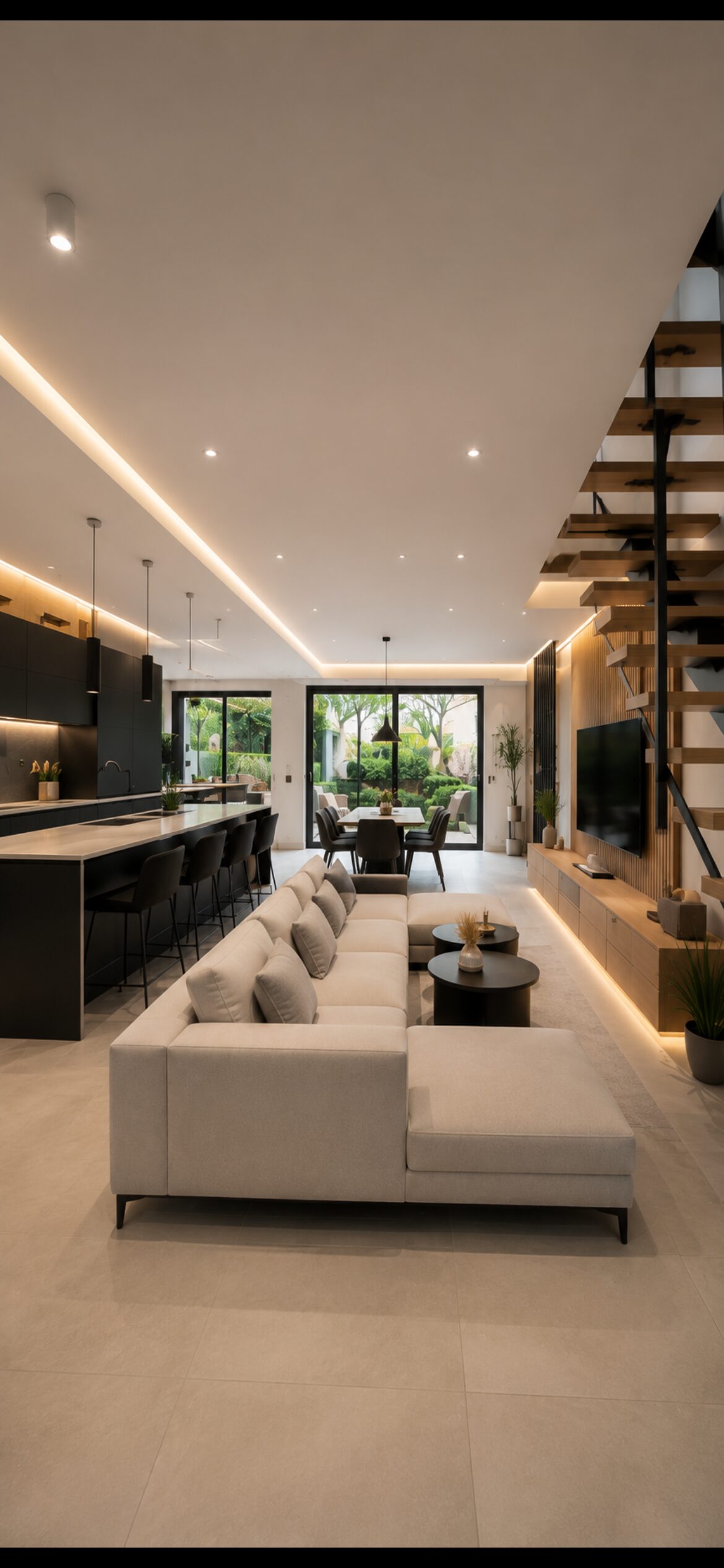 Rénovation d'un séjour avec cuisine ouverte moderne, îlot noir et escalier suspendu à Bordeaux par NS BAT 33